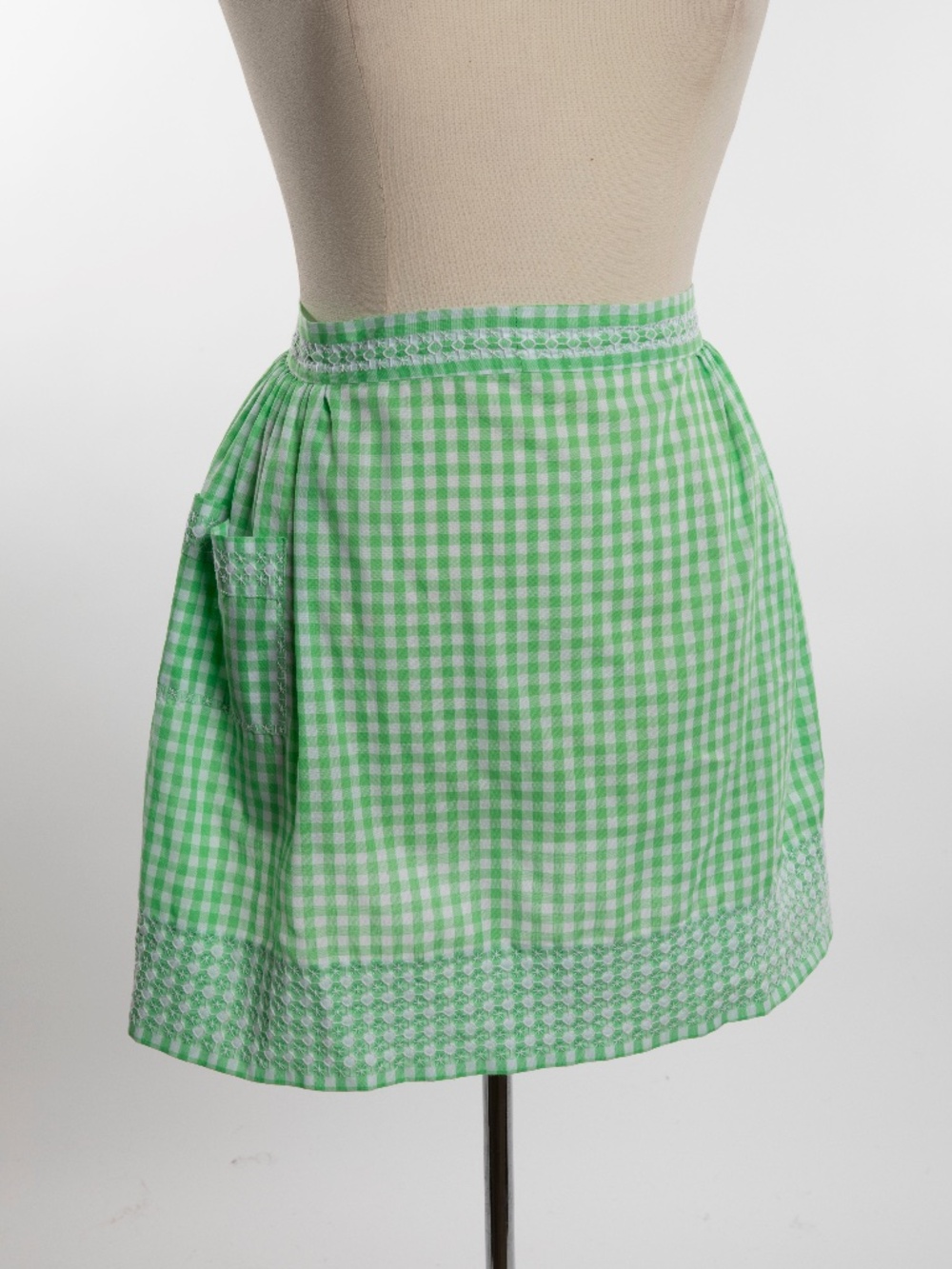 Antique Green & White Gingham Apron with Pocket